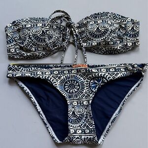 Tory Burch Bandeau Bikini Set XS Navy White Gold Hardware